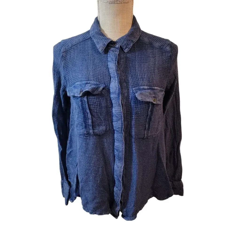 Free People One of the Guys Blue Waffle Knit Button Oversized Long Sleeve XS